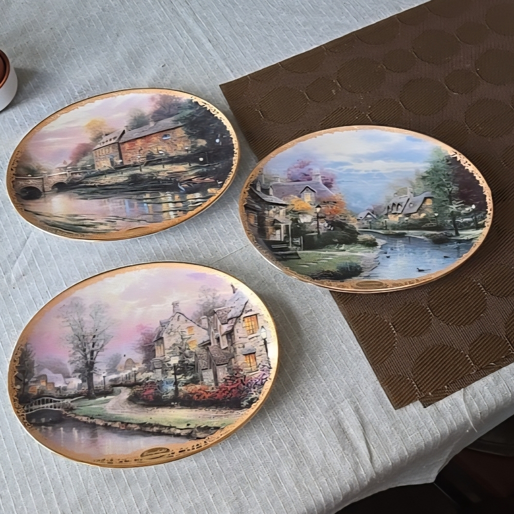 Thomas Kinkade Lamplight Village Oval Porcelain Collector Plate Set Issues 1-3